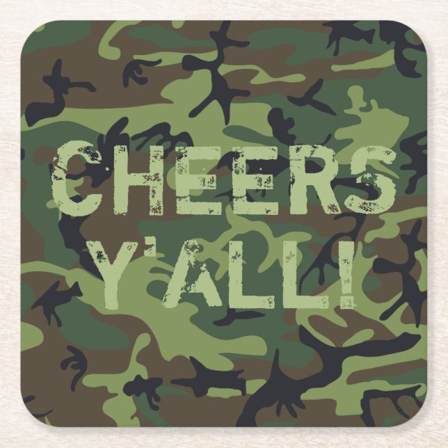 Camo Cheers Y'All Square Paper Coaster (Front)