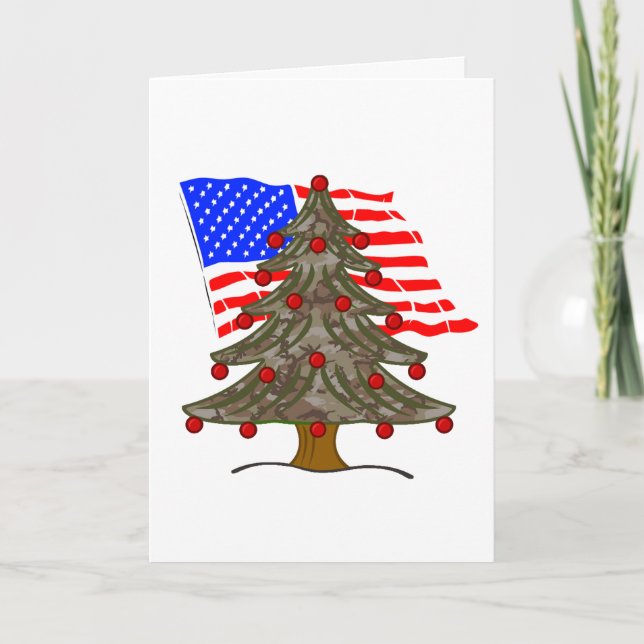 Camo Christmas Tree With American Flag Holiday Card (Front)