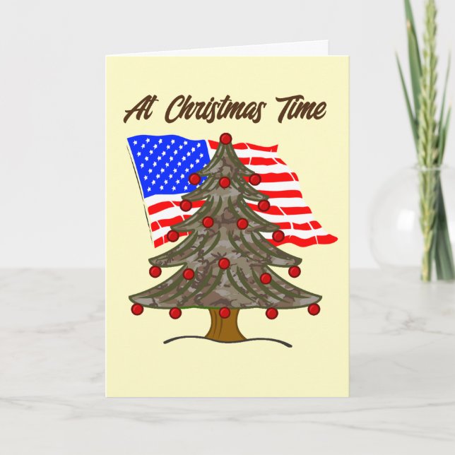 Camo Christmas Tree With American Flag Holiday Card (Front)