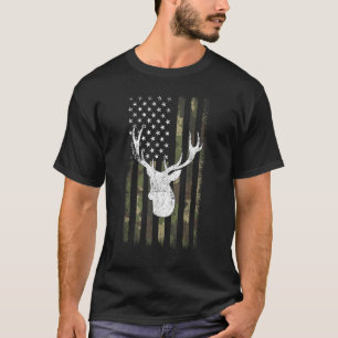 Camo Deer American Flag Graphic Hunting Gifts Men  T-Shirt