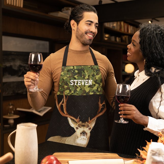 Camo Deer Hunting Name Sports Outdoors Men's Apron (Camouflage Deer hunting Cook's Apron Personalized with any name)