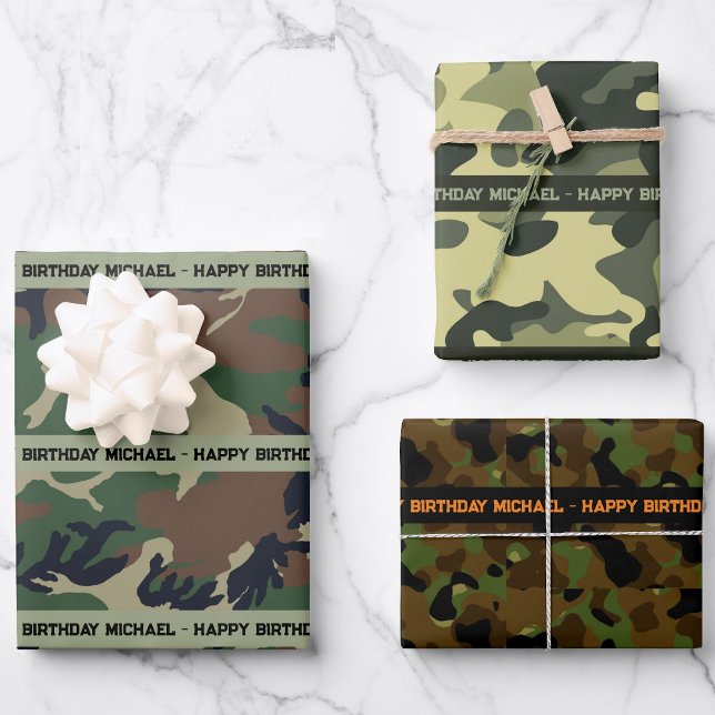Camo Happy Birthday Personalise Name & Text 3 Wrapping Paper Sheet (Creator Uploaded)