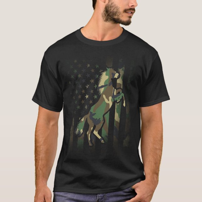 Camo Horse and Flag Patriotic for Ranch Life T-Shirt (Front)
