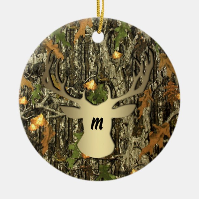 Camo Hunting Deer Monogram Ornament (Front)
