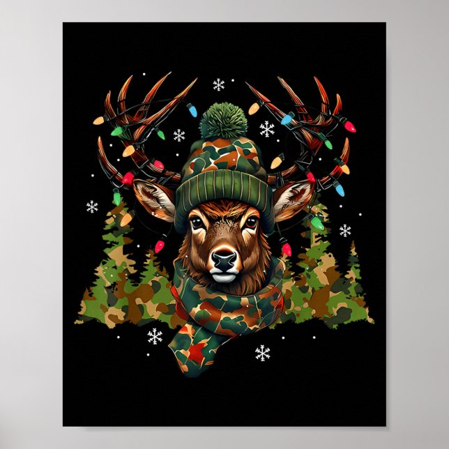 Camo Hunting Reindeer Deer Xmas Lights Christmas H Poster (Front)