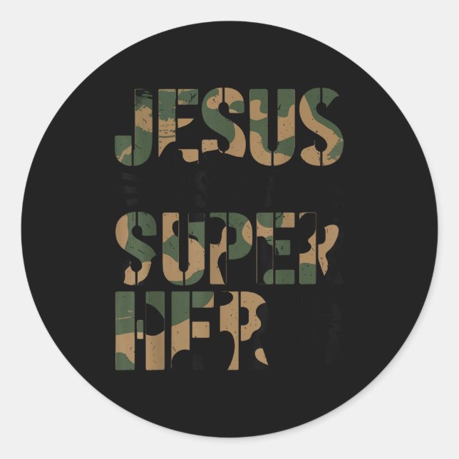 Camo Jesus Is My Superhero Toddler Boys Camouflage Classic Round Sticker (Front)