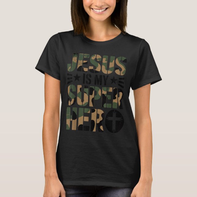 Camo Jesus Is My Superhero Toddler Boys Camouflage T-Shirt (Front)