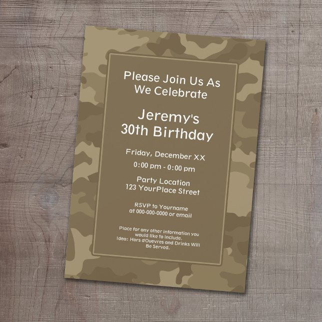 Camo Military Theme Birthday Party Invitation (Camouflage Birthday Party, Military graduation or cocktail party invitation.)