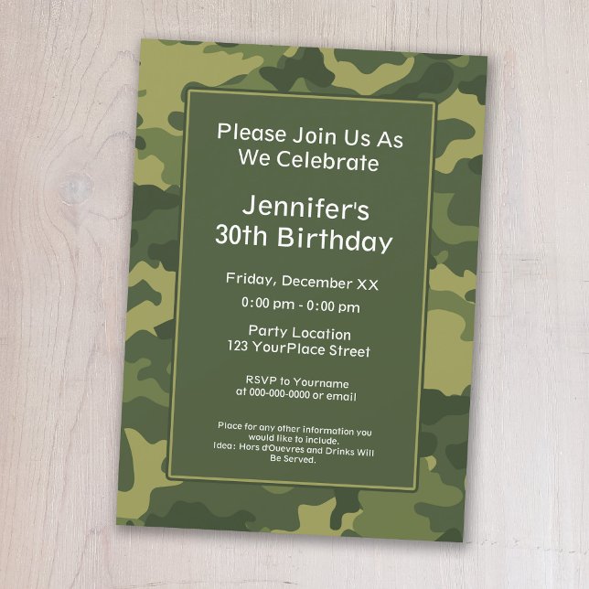 Camo Military Theme Birthday Party Invitation (A camouflage print birthday party invitation)
