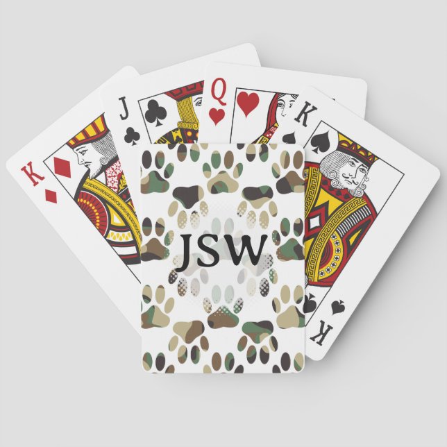 Camo Pattern Dog Paw Print Custom Initials  Playing Cards (Back)