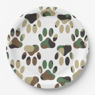 Camo Pattern Dog Paw Print Paper Plate