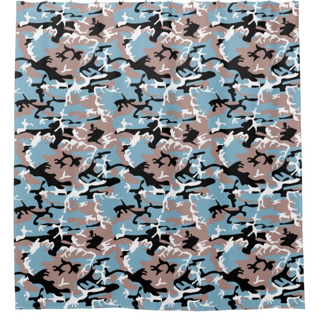Camo Pattern - Grayish Red White Blue Black Shower Curtain (Front)
