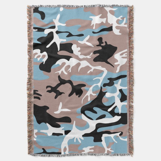Camo Pattern - Grayish Red White Blue Black Throw Blanket (Front Vertical)