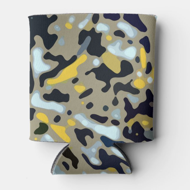 Camo Pattern - Yellow White Beige Blue Black Can Cooler (Front)