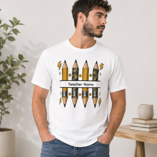 Camo Pencil Split Lightning Bolt Smiley Teacher T-Shirt