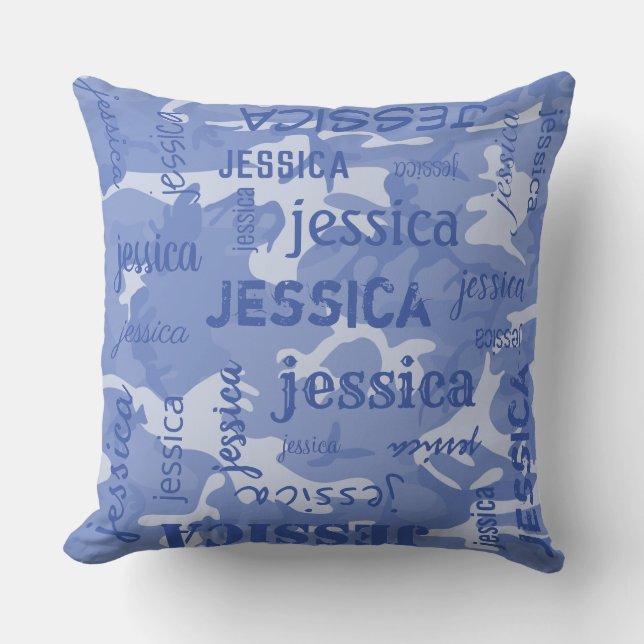 Camo Personalised Shorter Name Blue Cushion (Front)
