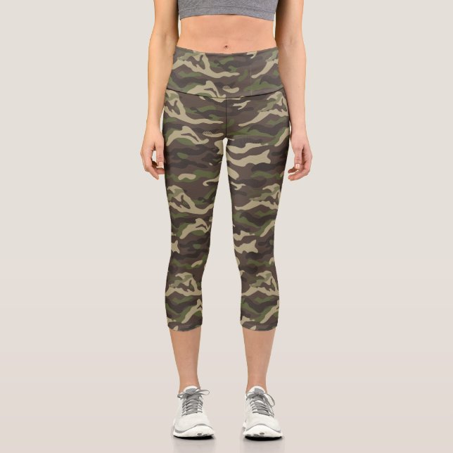 Camo Print, Green Brown Camouflage Pattern Custom Capri Leggings (Front)