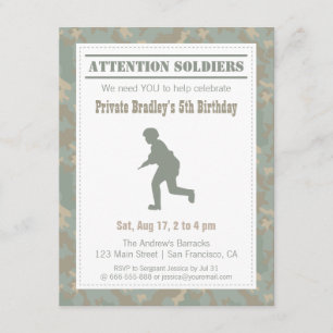 Camo Print Soldier Silhouette Army Birthday Party Invitation