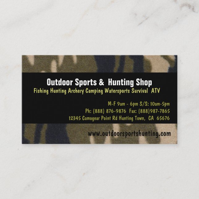 Camo Print Sportsman Hunting Outdoor Supplies Shop Business Card (Front)