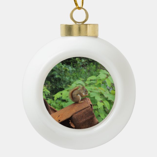 Camo Squirrel Ceramic Ball Christmas Ornament (Front)