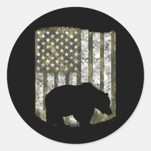Camo Us Flag Bear Grizzly Camoflage Hunting Hunter Classic Round Sticker