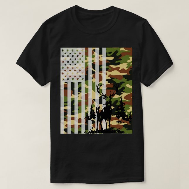 Camo US Flag Deer Elk Buck Camoflage Hunting Hunte T-Shirt (Design Front)