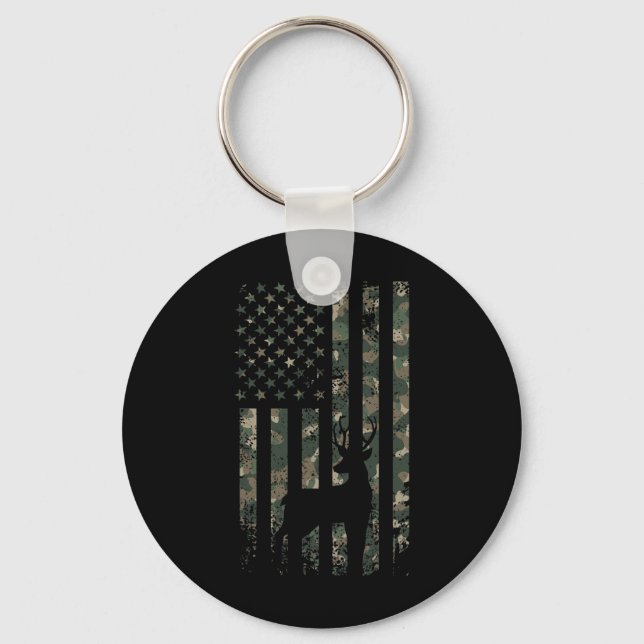Camo Us Flag Deer Elk Buck Camouflage Hunting Hunt Key Ring (Front)
