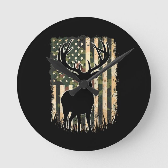Camo US Flag Deer Hunting Camoflage Hunter Round Clock (Front)