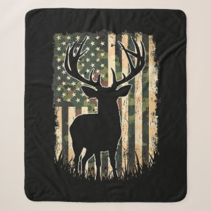 Camo US Flag Deer Hunting Camoflage Hunter Sherpa Blanket