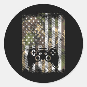 Camo Us Flag Gamer Controller Patriotic Men Boys K Classic Round Sticker