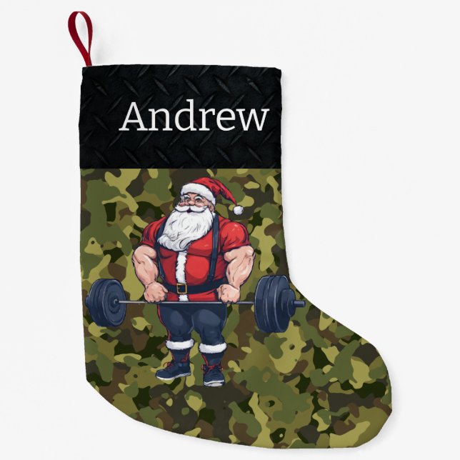 Camo Weightlifting Santa Barbell Gym Cool Fitness Small Christmas Stocking (Front)
