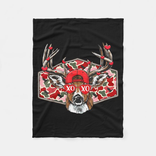 Camo Xoxo Valentine Buck Deer Hunting Season Famil Fleece Blanket (Front)