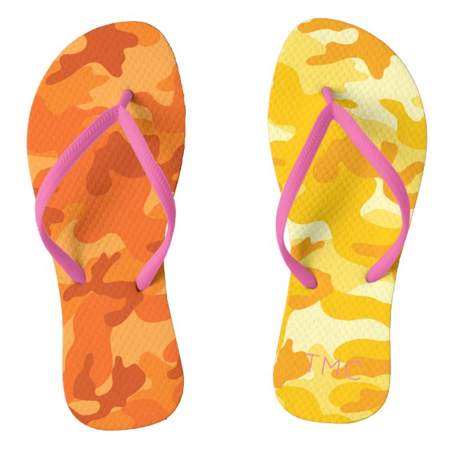 Camo Yellow Orange Pink Monogram Initials Mismatch Thongs (Footbed)