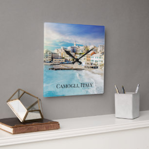 Camogli Italy Beach Ocean Mediterranean Painting Square Wall Clock
