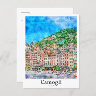 Camogli Italy Travel Watercolor Hand Drawn Postcard
