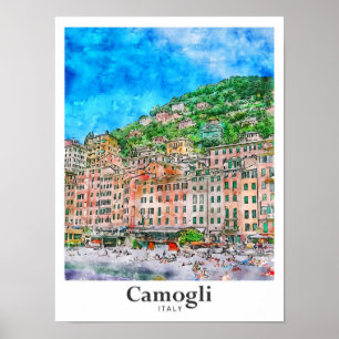Camogli Italy Travel Watercolor Hand Drawn Poster
