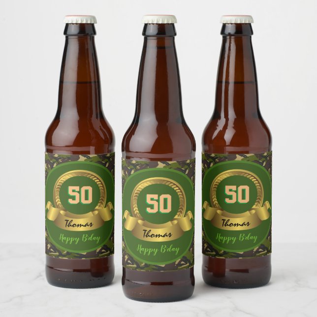 Camouflage army green 50th Birthday / hunter party Beer Bottle Label (Bottles)