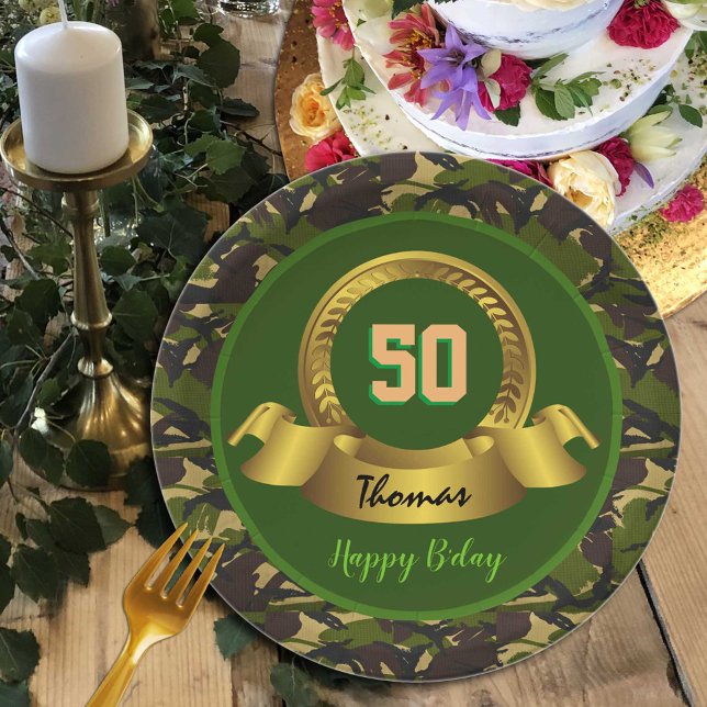 Camouflage army green 50th Birthday / hunter party Paper Plate (Creator Uploaded)