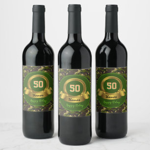 Camouflage army green 50th Birthday / hunter party Wine Label