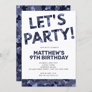 Camouflage Birthday, Let's Party Blue Camo Invitation