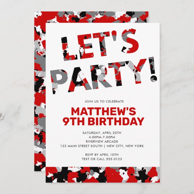 Camouflage Birthday, Let's Party Red Black Camo Invitation (Front/Back)