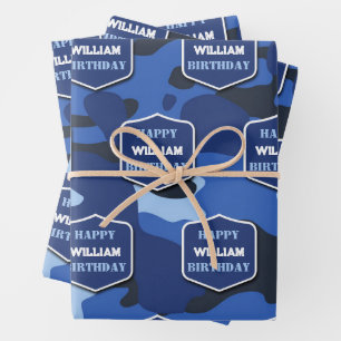 Camouflage Blue Camo Army Monogram Birthday Name Wrapping Paper Sheet