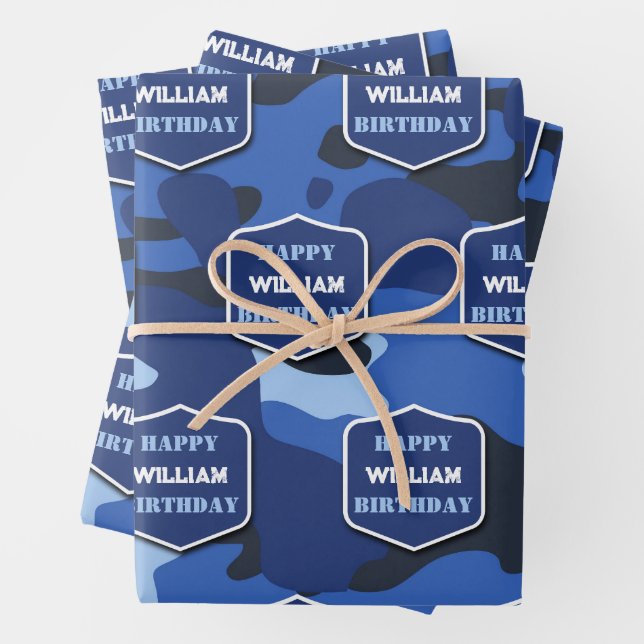 Camouflage Blue Camo Army Monogram Birthday Name Wrapping Paper Sheet (In situ)