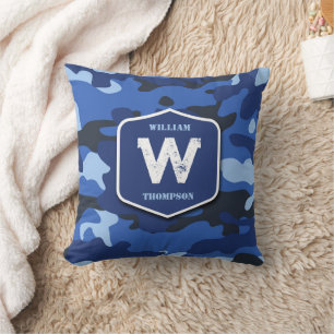 Camouflage Blue Camo Army Pattern Monogram   Cushion
