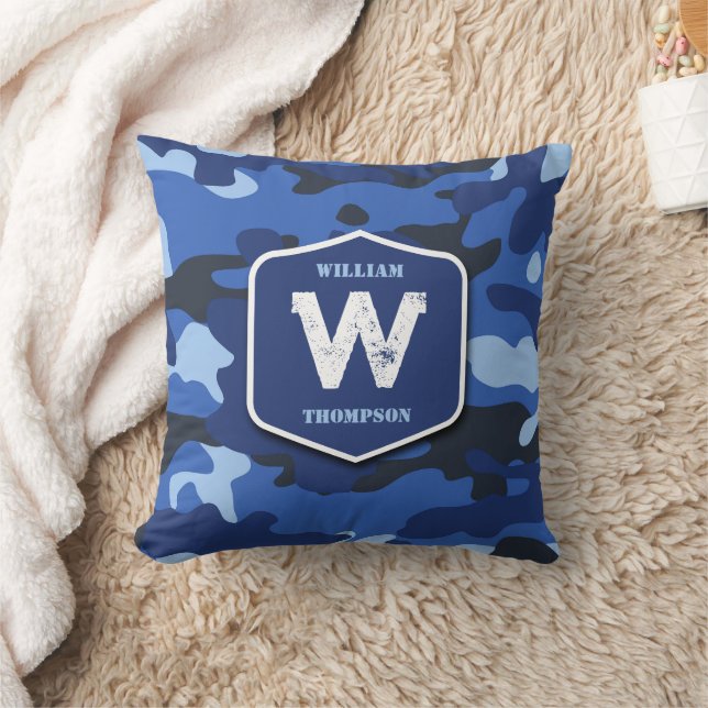 Camouflage Blue Camo Army Pattern Monogram   Cushion (Blanket)