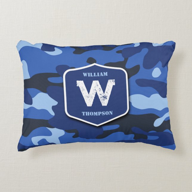 Camouflage Blue Camo Army Pattern Monogram   Decorative Cushion (Front)