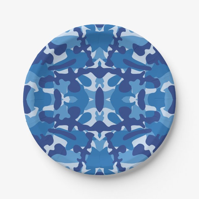 Camouflage Blue Camo Army Pattern Monogram Paper Plate (Front)