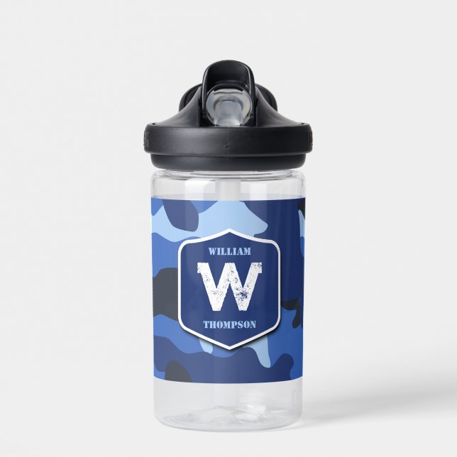 Camouflage Blue Camo Army Pattern Monogram School Water Bottle (Front)