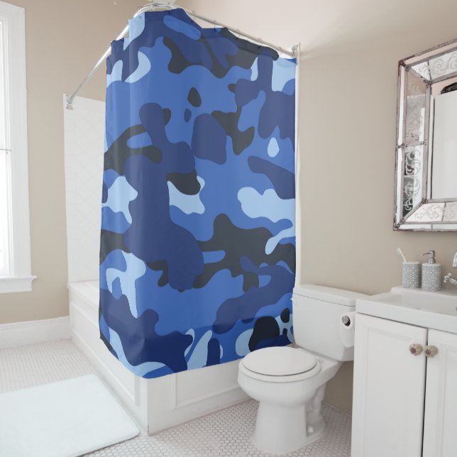 Camouflage Blue Camo Pattern Shower Curtain (In Situ)