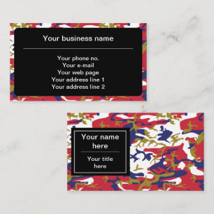 Camouflage, Blue White Red Gold, Military, Army Business Card